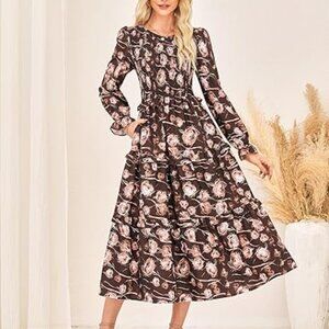 GRACE KARIN Women's Floral Midi Dress 2025 Long Sleeve Fall Elegant Smocked Tier
